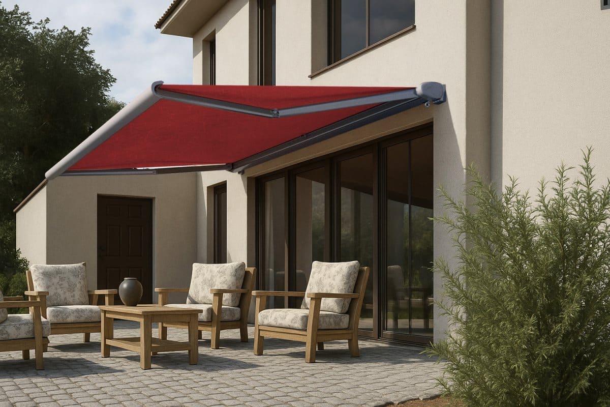 Kassettenmarkise Romana in bordeauxrot Terrasse
