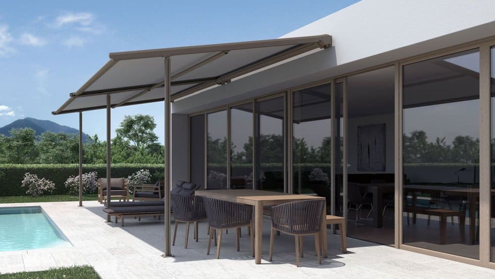 Pergolamarkise Caprio Pergola -Ambiente mit Pool und RAL Lackierung
